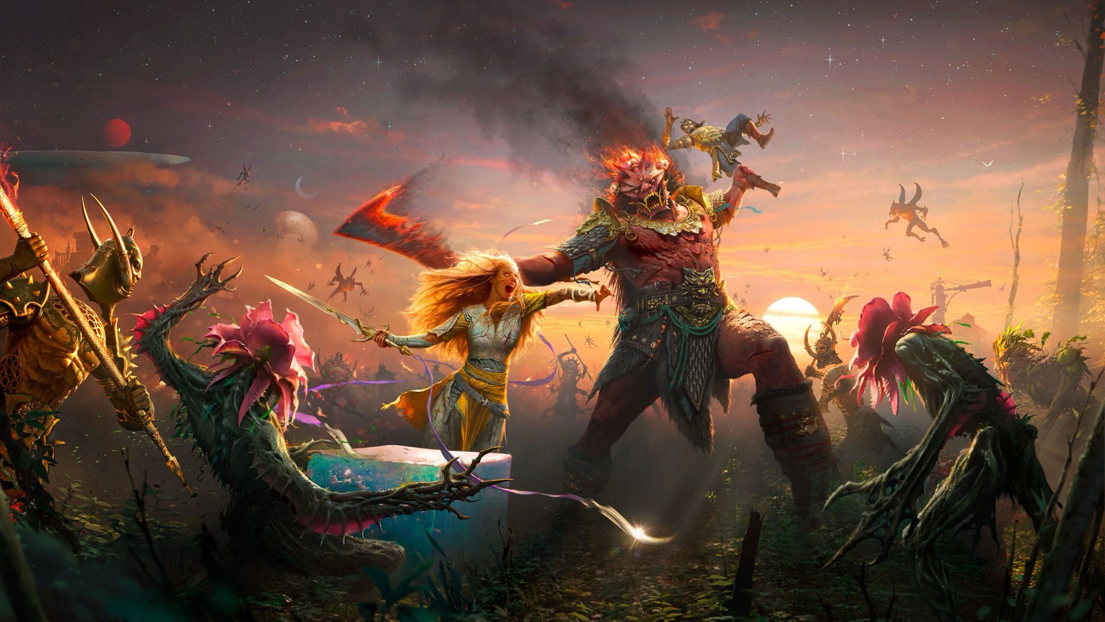 Key art officiel de God of War Laufey, Faye affrontant un géant enflammé au crépuscule