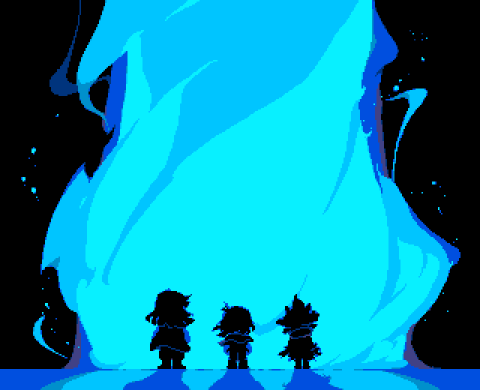 Key art de Deltarune : trois silhouettes face à une grande flamme bleue