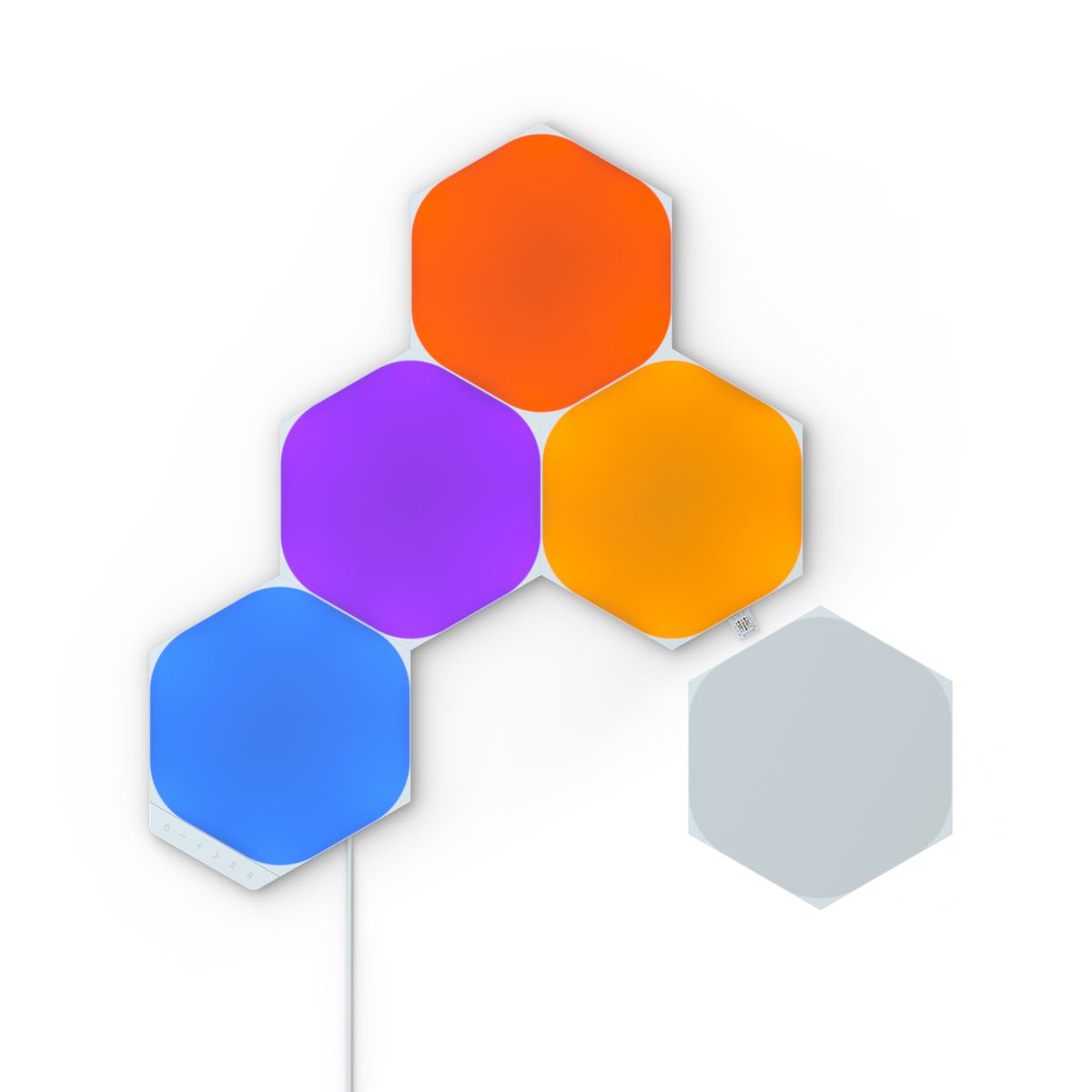 Panneaux lumineux hexagonaux Nanoleaf Shapes allumés en plusieurs couleurs