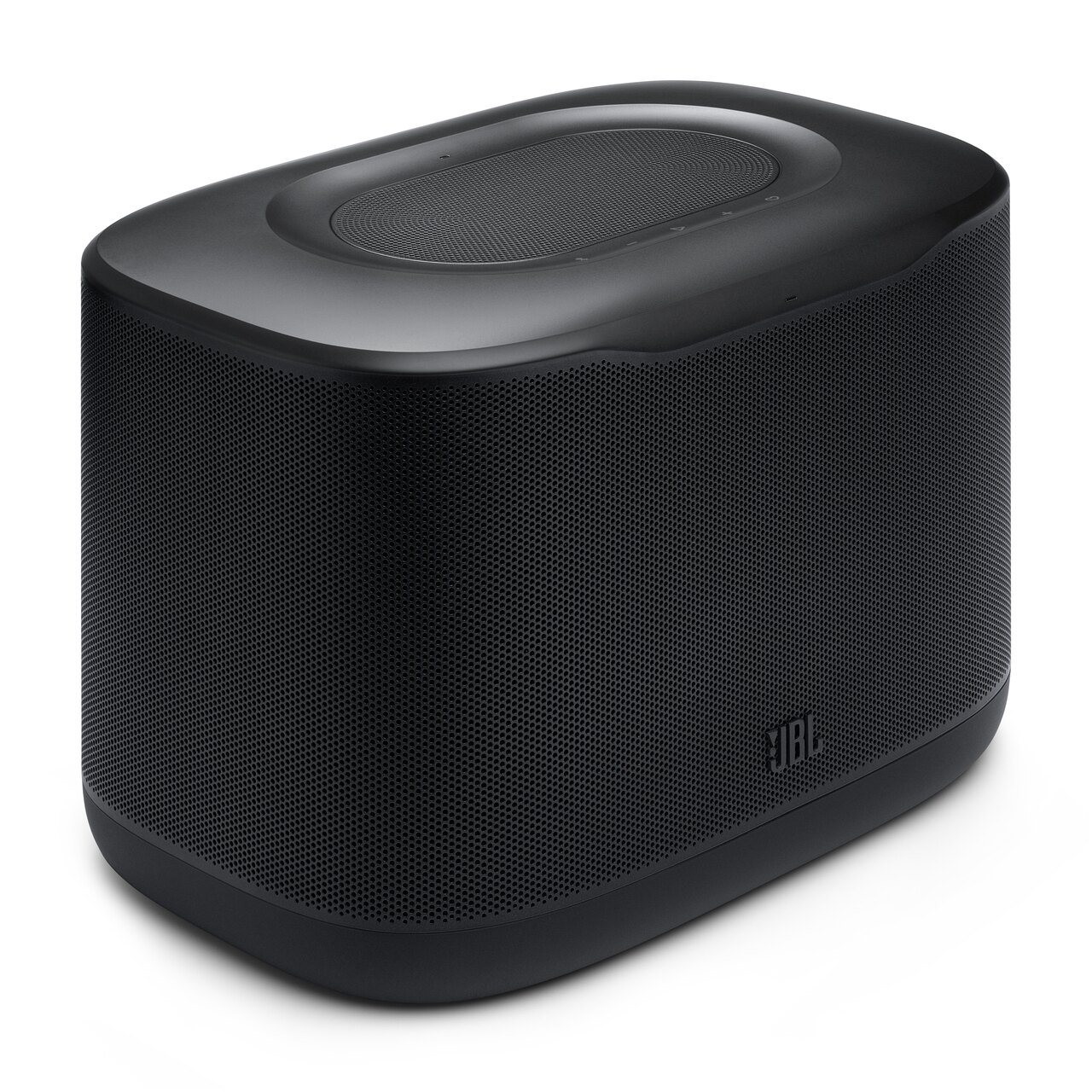 Enceinte Wi-Fi multiroom JBL Cove X1 noire, vue de trois quarts