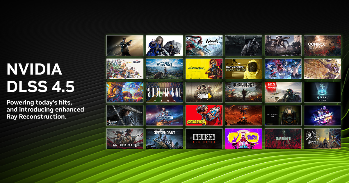 Visuel officiel NVIDIA DLSS 4.5 avec la mention Ray Reconstruction et une grille de jeux compatibles
