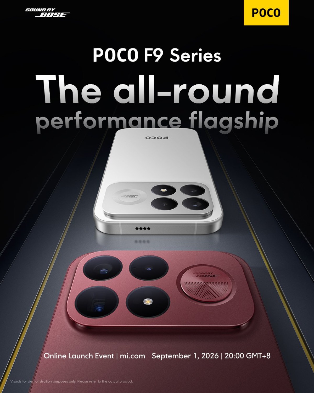Les Poco F9 Pro et F9 Ultra de dos, avec le caisson de basses Bose logé dans le module photo de l'Ultra