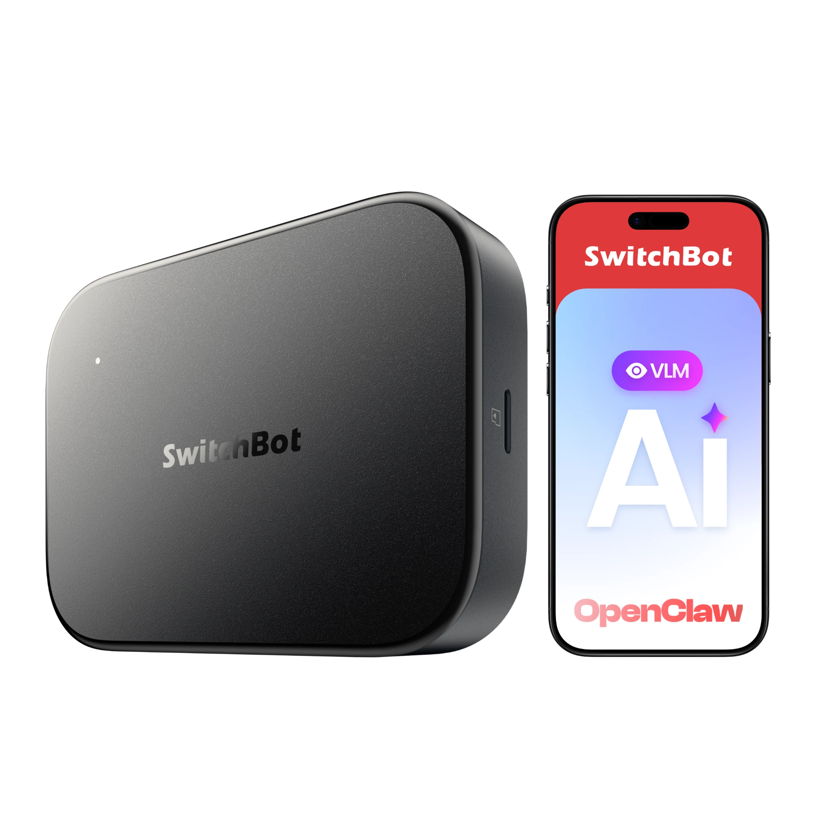 Le SwitchBot AI Hub à côté d'un smartphone affichant l'application SwitchBot AI