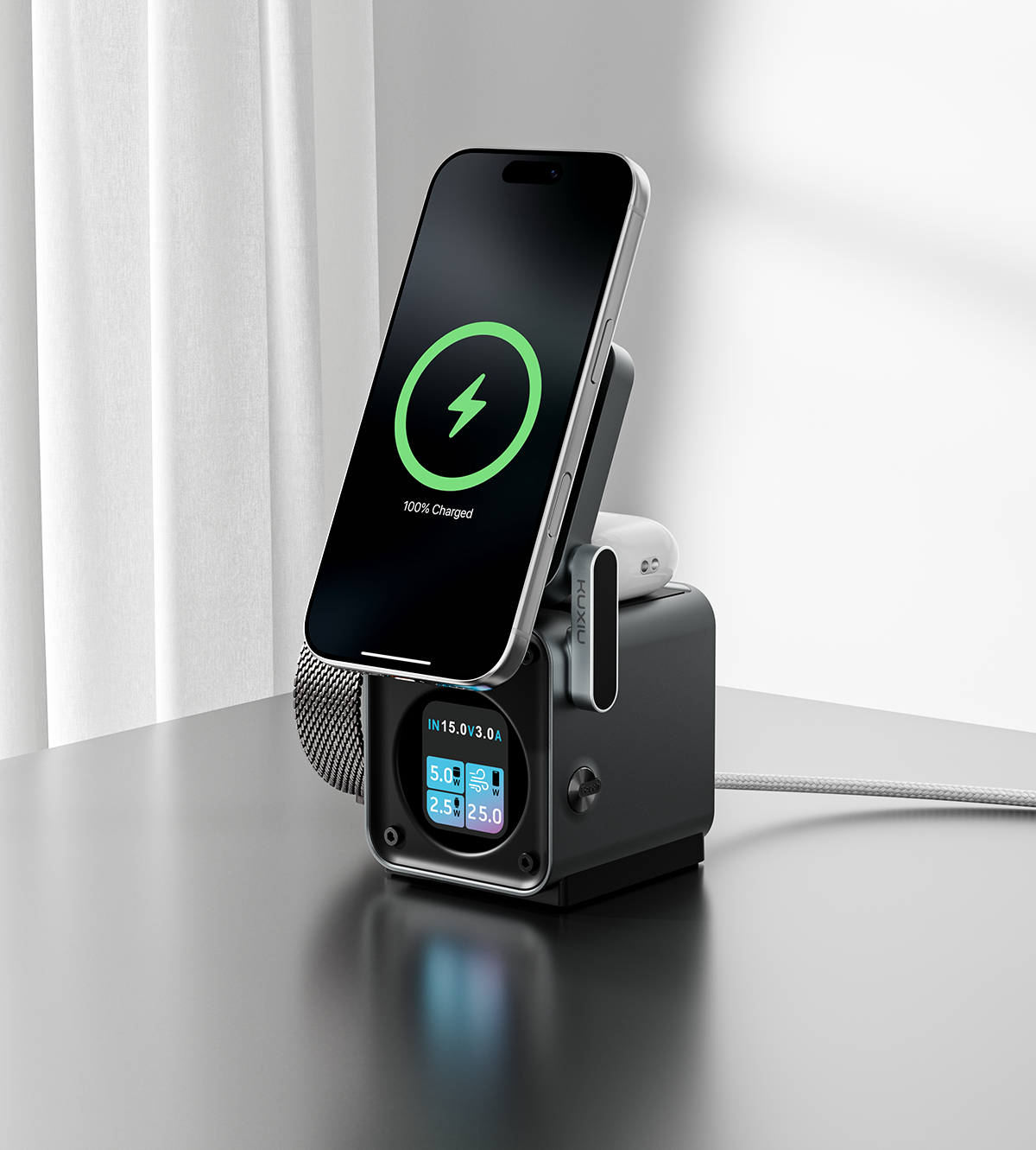 Station de charge Kuxiu D5 avec iPhone, Apple Watch et écran couleur