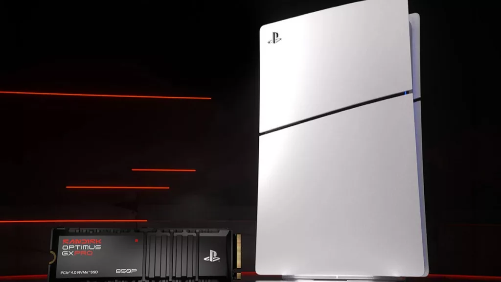 Le SSD SanDisk Optimus GX PRO 850P pour PS5 posé devant une console PlayStation 5