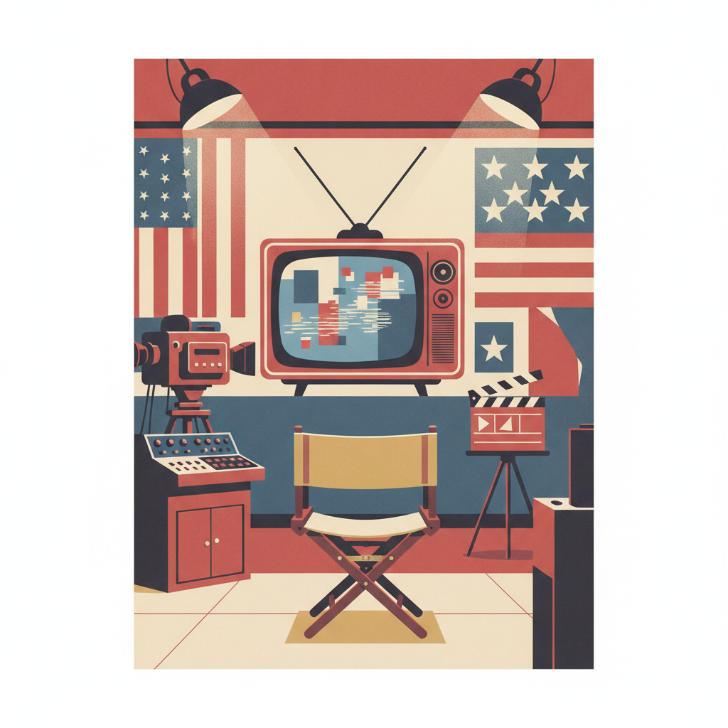 Plateau de television retro evoquant une serie comique de streaming sur l'histoire americaine
