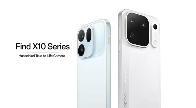 Visuel officiel de la série Oppo Find X10, deux smartphones vus de dos avec leur bloc photo Hasselblad