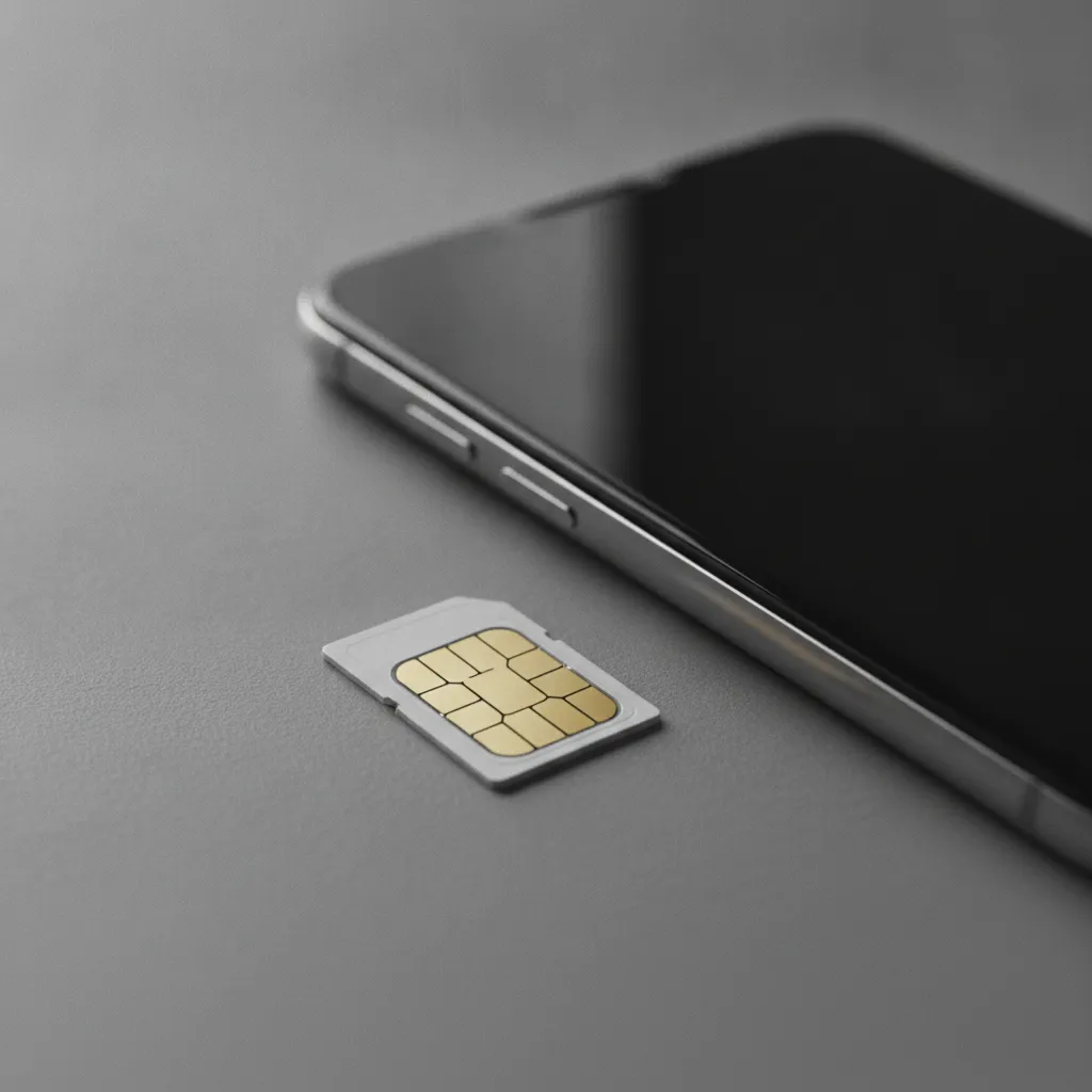 Une carte SIM nano posée à côté d'un smartphone éteint sur fond gris