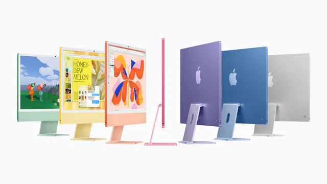 Les sept coloris du nouvel iMac Apple avec puce M6, vus de face et de dos