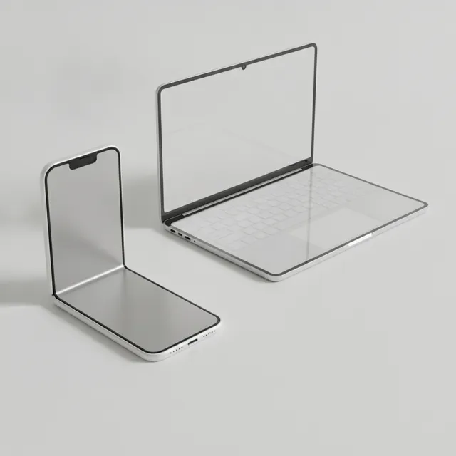 Illustration conceptuelle d'un smartphone pliable et d'un ordinateur portable fin, evoquant la future gamme Apple