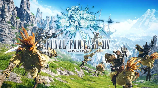 Key art officiel de Final Fantasy XIV Online : des aventuriers chevauchant des chocobos dans un paysage montagneux, avec le logo du jeu au centre