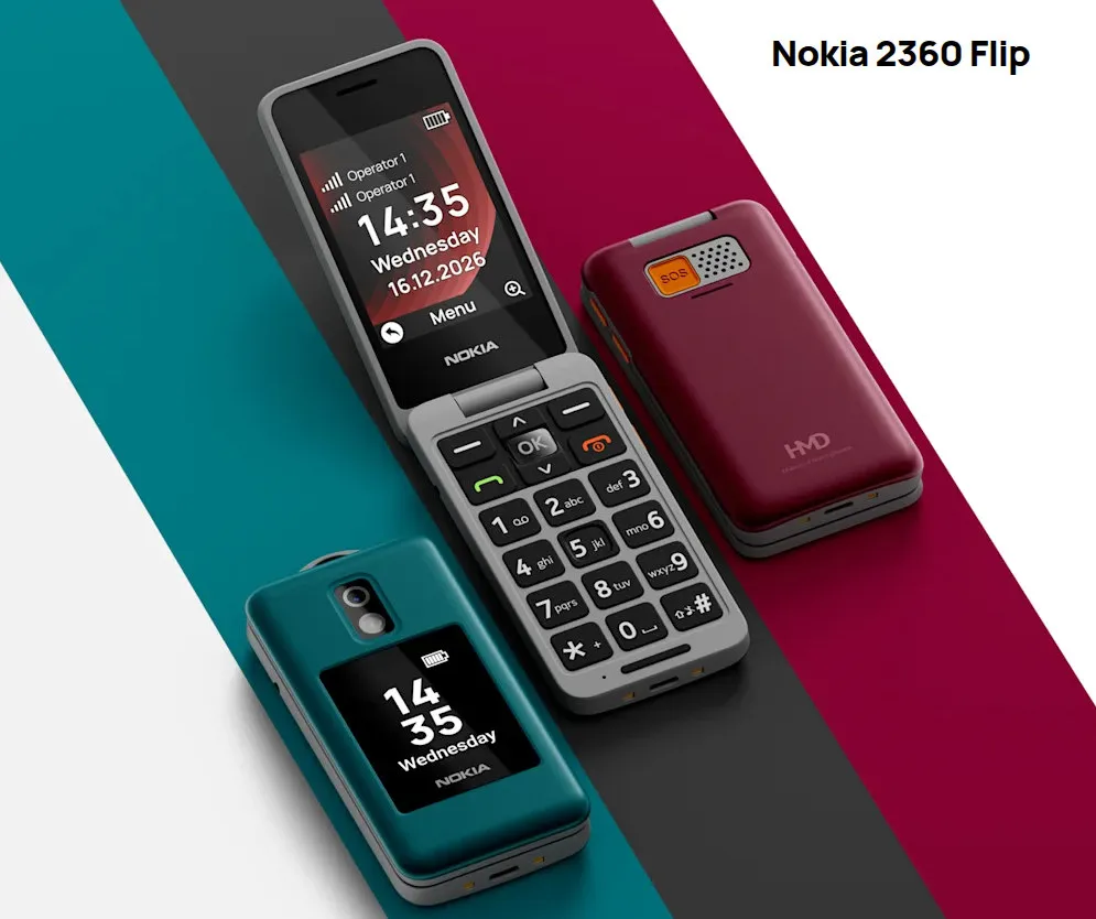 Le Nokia 2360 Flip de HMD, téléphone à clapet en trois coloris avec bouton SOS et double écran