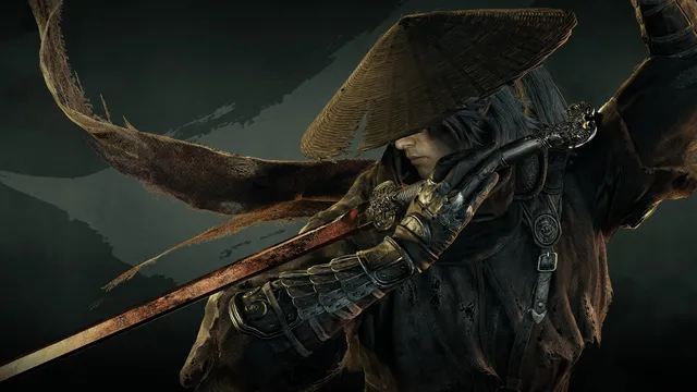 Key art de Phantom Blade Zero : un guerrier au chapeau conique brandissant une longue lame