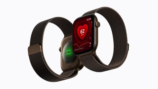 Deux Apple Watch Series 12 vues de face et de dos, affichant l'application de fréquence cardiaque et le capteur optique vert