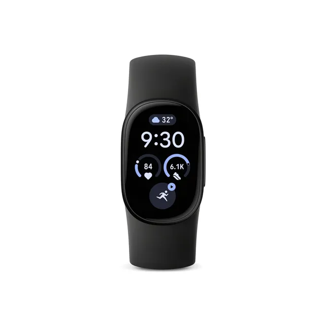 Le bracelet connecté Fitbit Edge de Google, coloris noir, avec son écran AMOLED affichant l'heure et les données d'activité