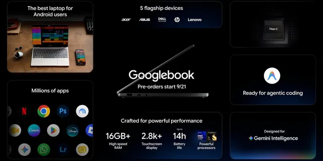 Visuel officiel du Googlebook, l'ordinateur portable de Google sous Android, avec les fabricants Acer, Asus, Dell, HP et Lenovo