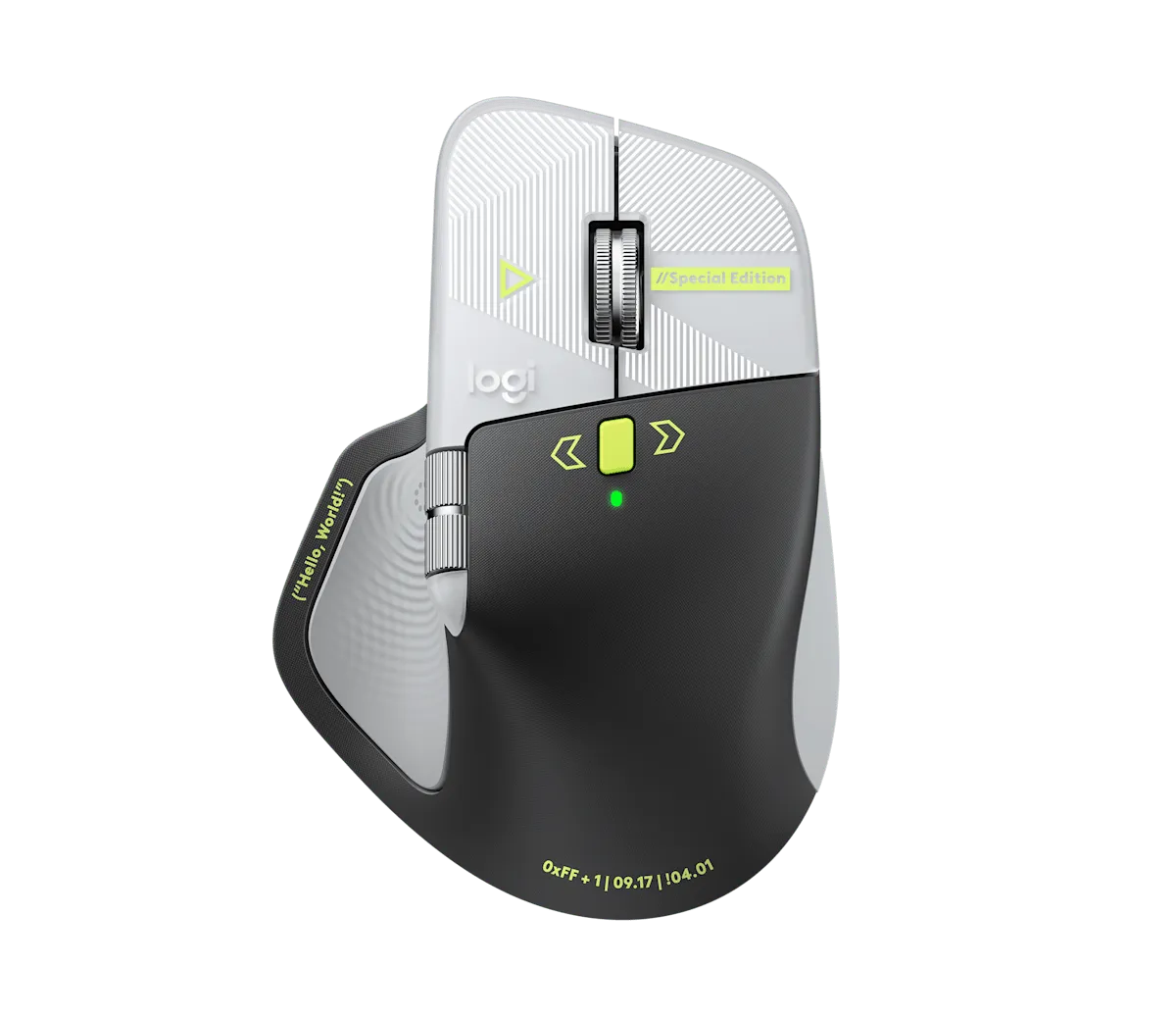 Souris Logitech MX Master 4 édition spéciale développeurs, coque grise gravée de symboles de code et boutons jaune fluo