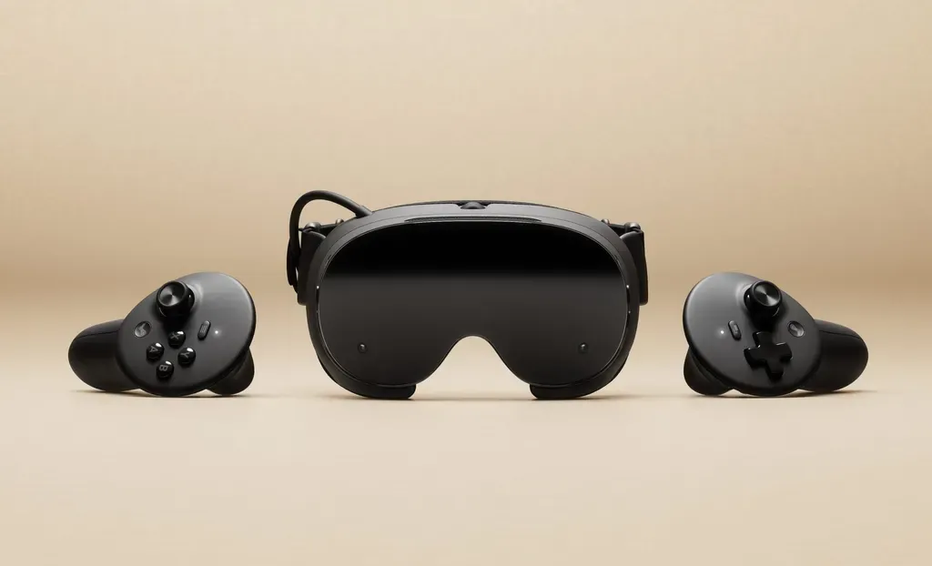 Le casque de réalité virtuelle Steam Frame de Valve, en noir, encadré par ses deux contrôleurs