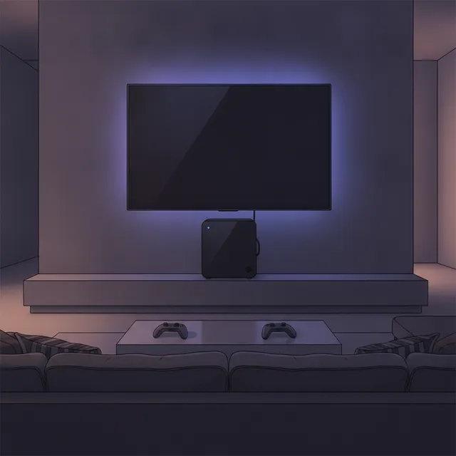 Petit ordinateur de salon cubique noir posé sous une télévision dans un salon