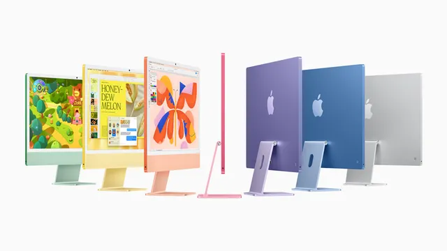 La gamme iMac d'Apple alignée dans ses différents coloris, de face et de dos