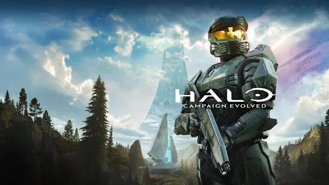 Le Master Chief en armure vert olive, une arme à la main, devant une planète : key art officiel de Halo: Campaign Evolved