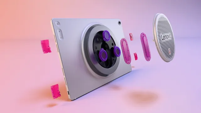 Vue éclatée de la Lenovo Tab Plus Gen 2 montrant le système de haut-parleurs JBL et la béquille ronde