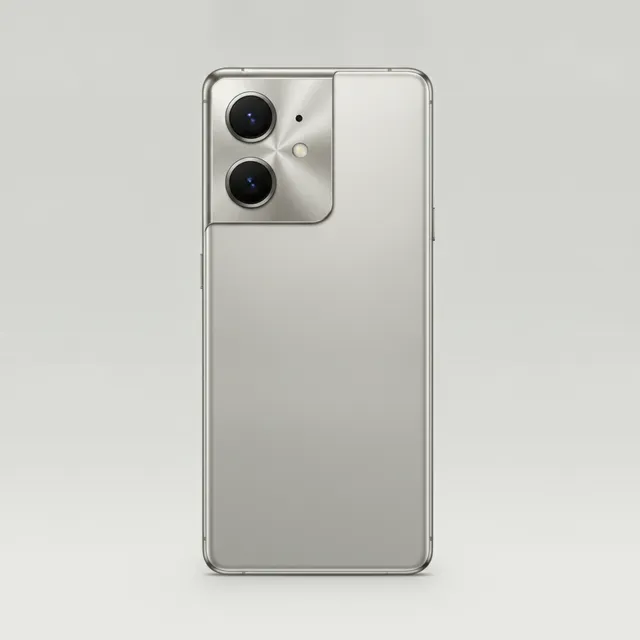 Smartphone haut de gamme avec un large module photo carre au dos, sur fond neutre