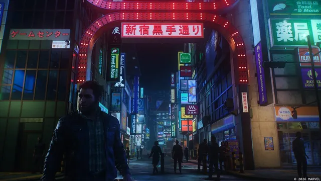 Scène de Marvel's Wolverine dans un quartier japonais éclairé aux néons, l'un des premiers jeux PS5 compatibles QSSR