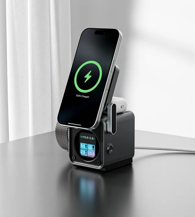Station de charge Kuxiu D5 avec iPhone, Apple Watch et écran couleur