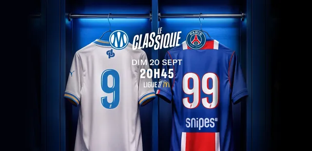Visuel officiel du Classique OM-PSG du dimanche 20 septembre à 20h45 sur Ligue 1+, avec les maillots de Marseille et du Paris Saint-Germain