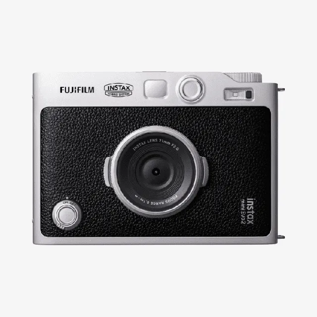 Appareil photo instantané hybride Fujifilm Instax Mini Evo 2 noir, vu de face avec son objectif