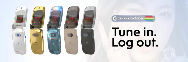 Les cinq coloris du telephone a clapet Commodore Callback 8020 alignes, avec le logo Commodore et le slogan Tune in. Log out.