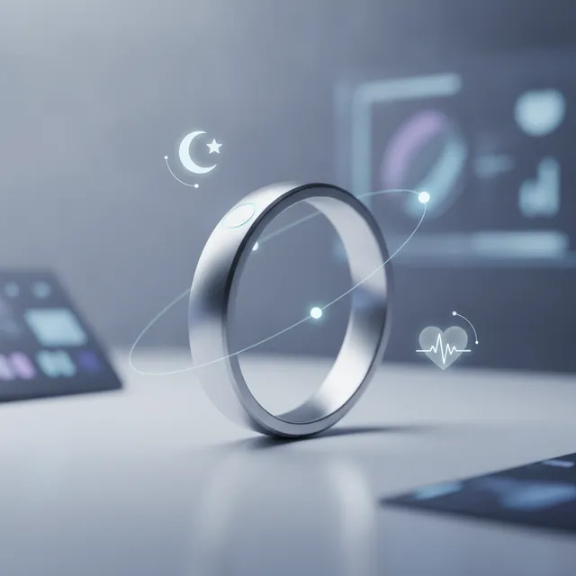 Une bague connectée métallique en gros plan, entourée d'icônes de suivi du sommeil et du rythme cardiaque
