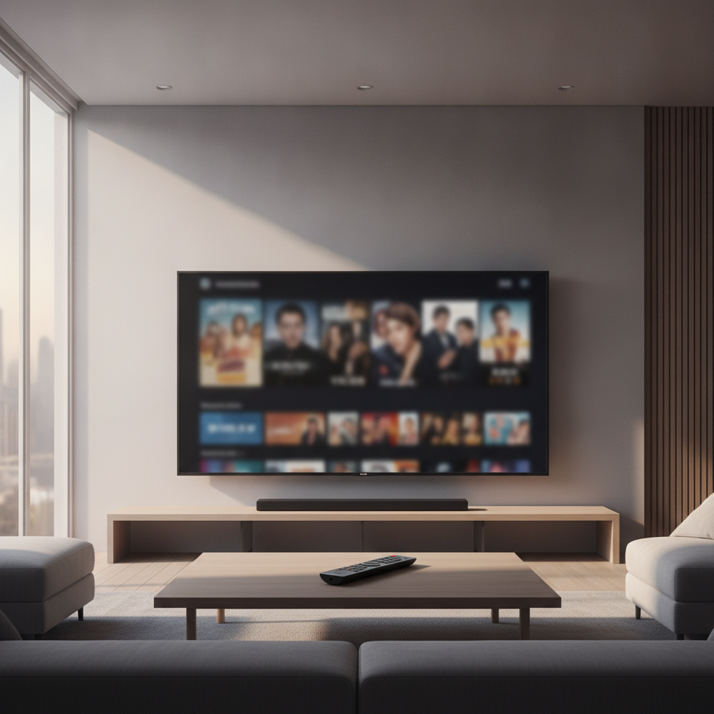 Televiseur mural affichant une interface de streaming dans un salon epure, telecommande posee sur la table basse