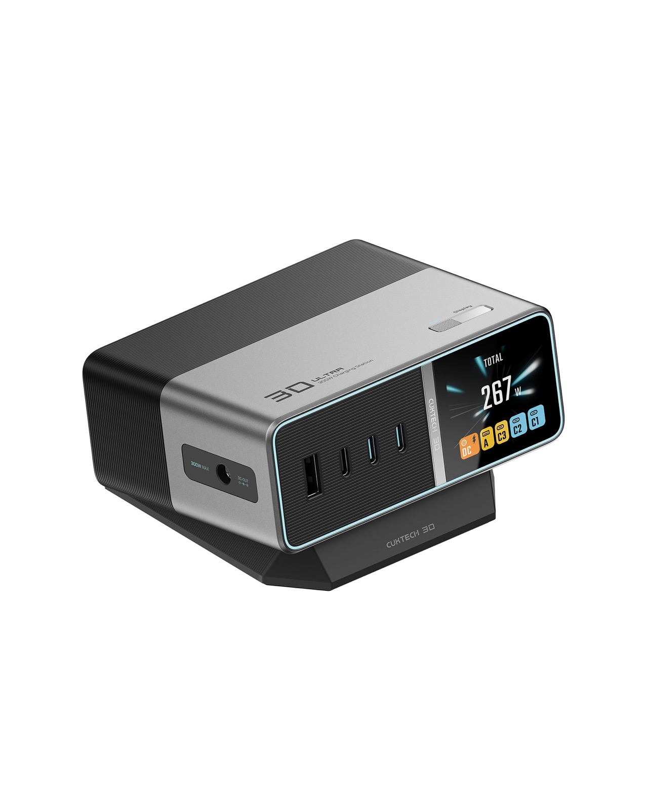 Station de charge CUKTECH 30 Ultra 300W avec ecran couleur affichant 267 W, un port USB-A, trois USB-C et une sortie DC