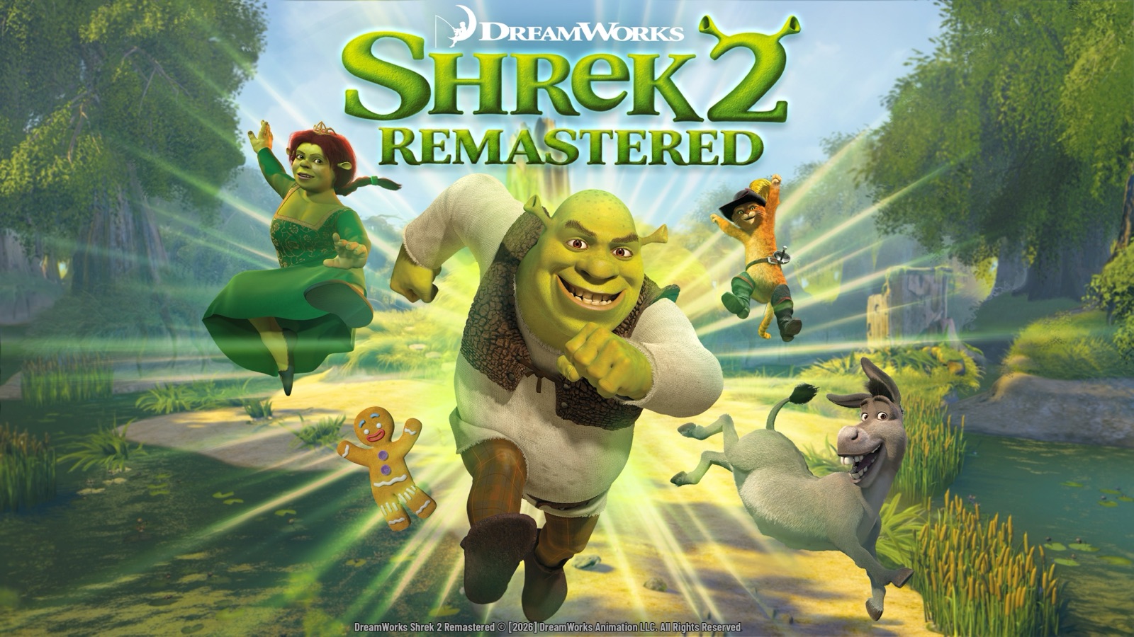 Key art officiel de DreamWorks Shrek 2 Remastered avec Shrek, Fiona, le Chat Potté, l'Âne et le bonhomme en pain d'épice