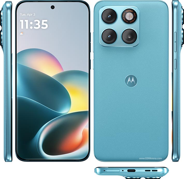 Motorola Edge 70 Plus vu de face et de dos, coloris Milky Blue, avec son capteur photo de 200 megapixels
