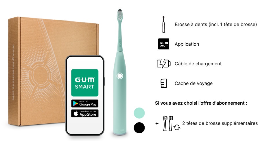 Coffret de la brosse à dents connectée Gum Smart One avec son application, sa station de charge et ses têtes de brosse