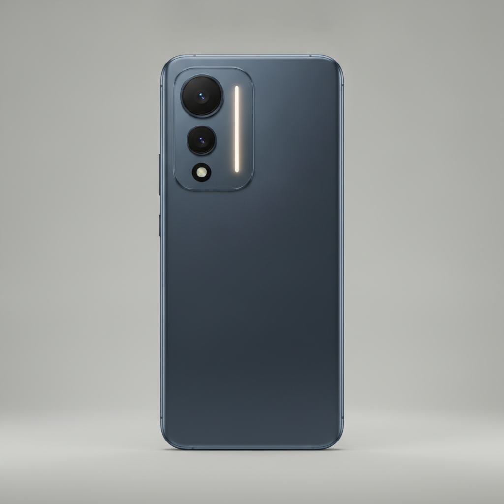Illustration d'un smartphone bleu vu de dos avec une bande lumineuse verticale près du module photo