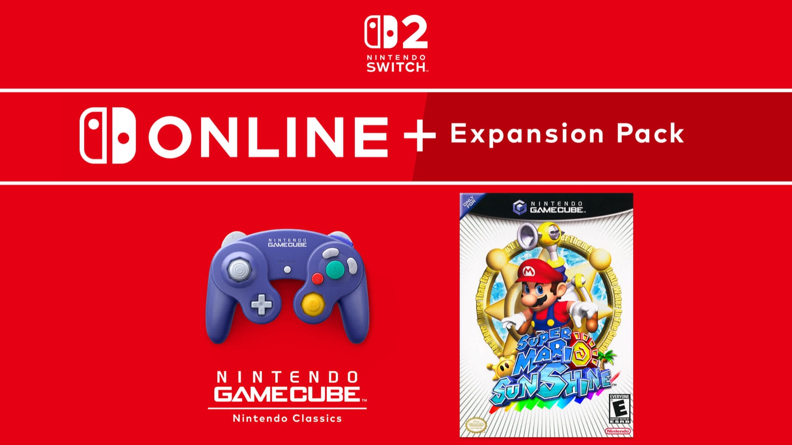 Visuel officiel Nintendo Switch Online + Expansion Pack avec la manette GameCube et la jaquette de Super Mario Sunshine