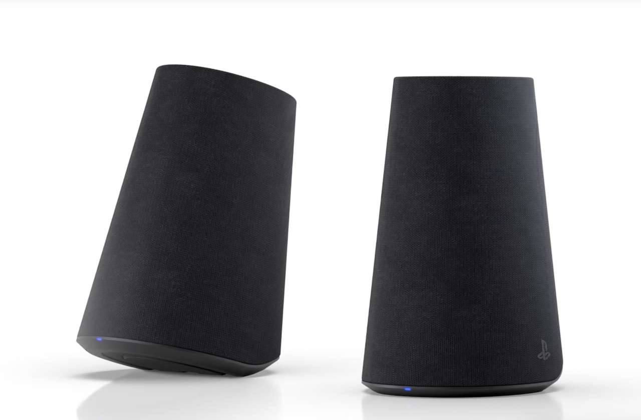Les deux enceintes sans fil Sony PULSE Elevate coloris Midnight Black, avec le logo PlayStation