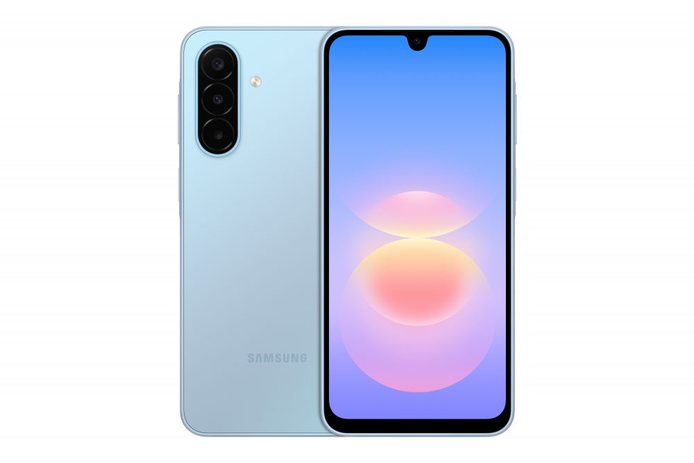 Samsung Galaxy A18 en coloris bleu clair, vues avant et arriere avec triple capteur photo