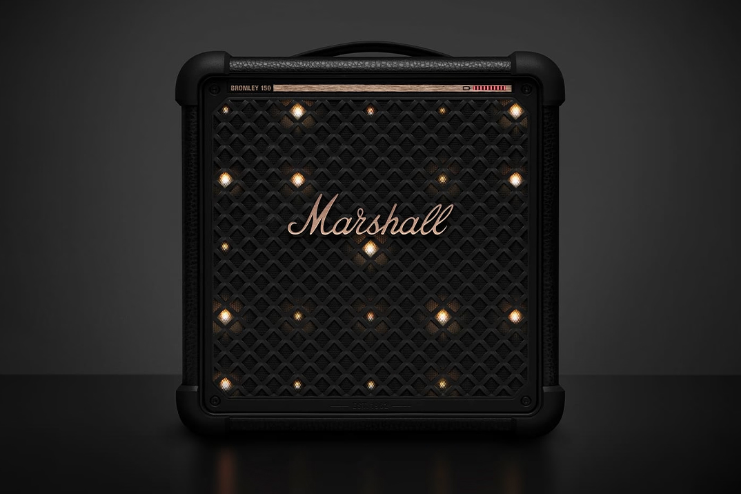 Enceinte portable Marshall Bromley 150 noire, grille avec eclairage integre allume et logo Marshall dore
