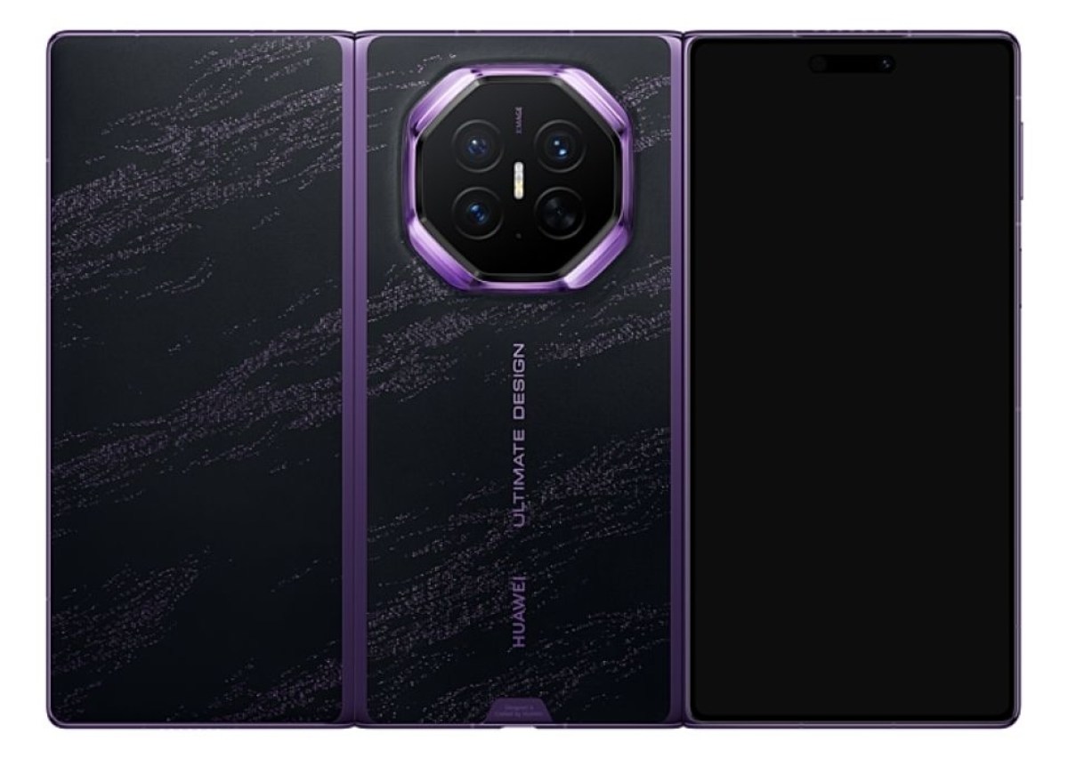 Le smartphone pliable Huawei Mate XT 2 déplié, coloris violet, avec son bloc photo octogonal