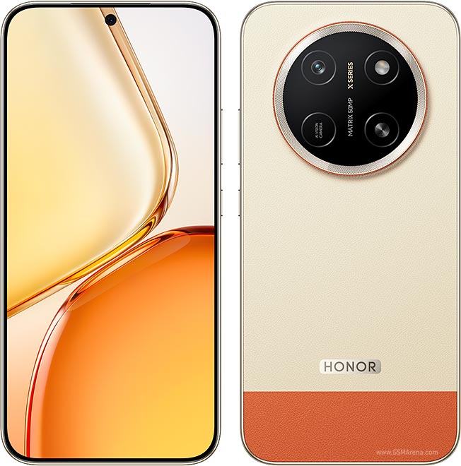 Smartphone Honor X80 Pro Max vu de face et de dos, avec son module photo circulaire
