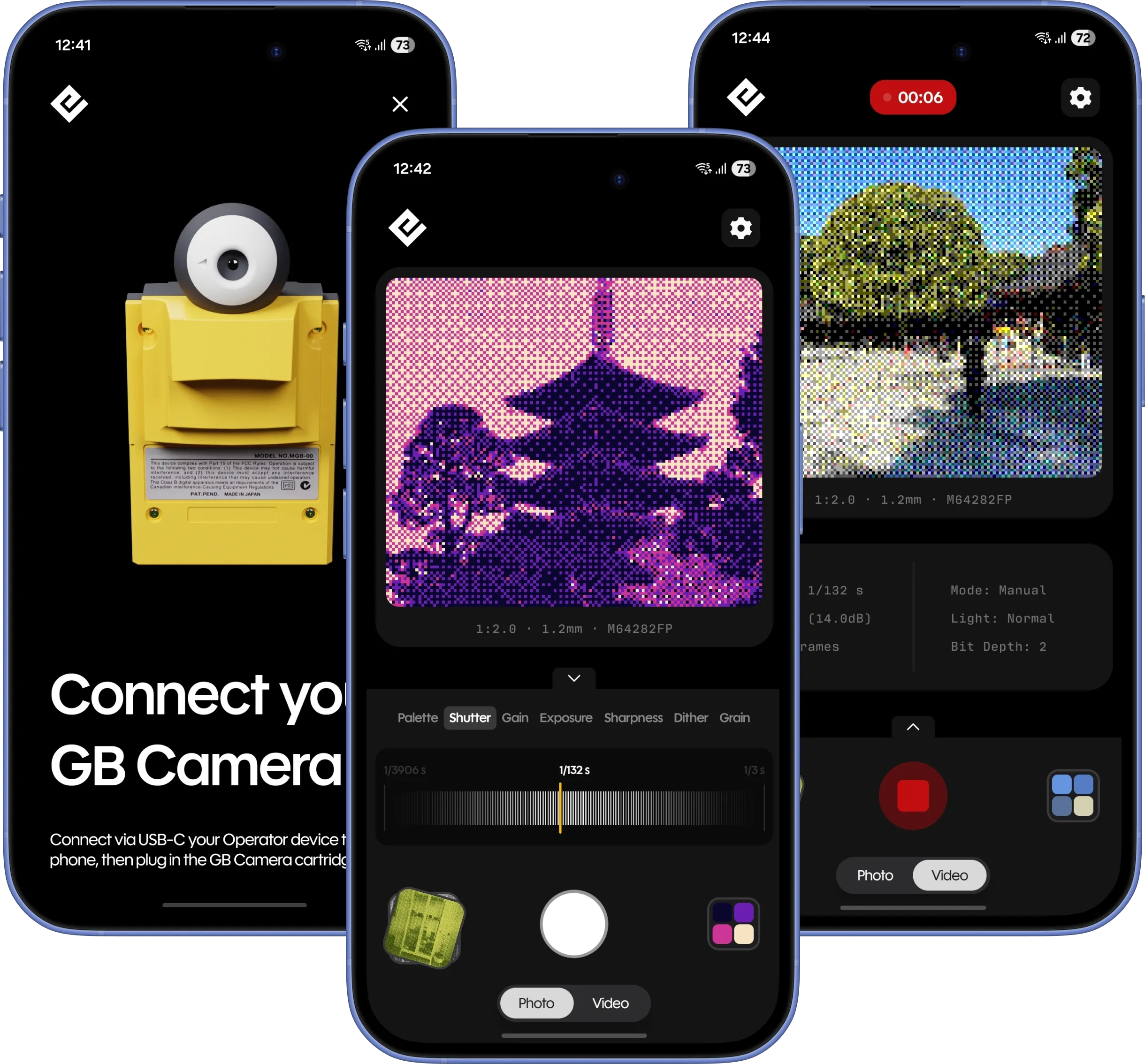 Application Flashback affichée sur des smartphones avec l'adaptateur GB Operator et une cartouche Game Boy Camera