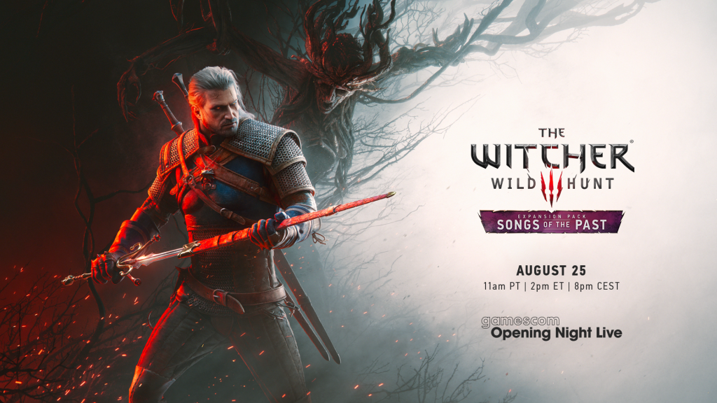 Geralt de Riv brandissant une troisième épée sur l'affiche officielle de l'extension The Witcher 3: Songs of the Past